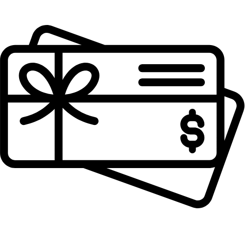 Black outline of a gift card with a bow and dollar sign on a white background
