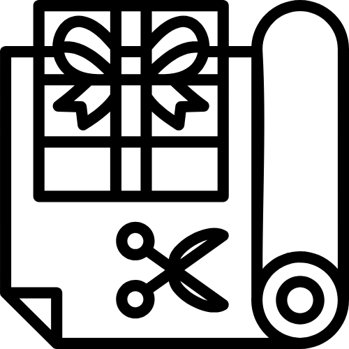 Black and white icon of a gift box with a bow, scissors, and a roll of tape.