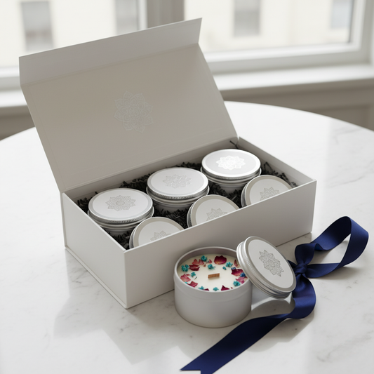 Set of small round containers with a blue ribbon on a white surface