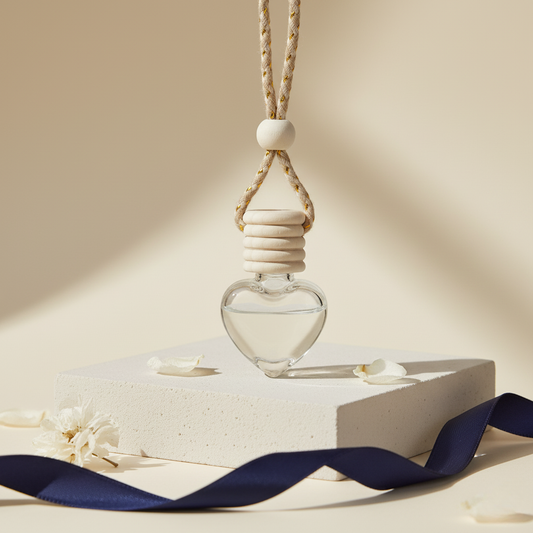 Heart-shaped glass pendant with a wooden bead on a neutral background
