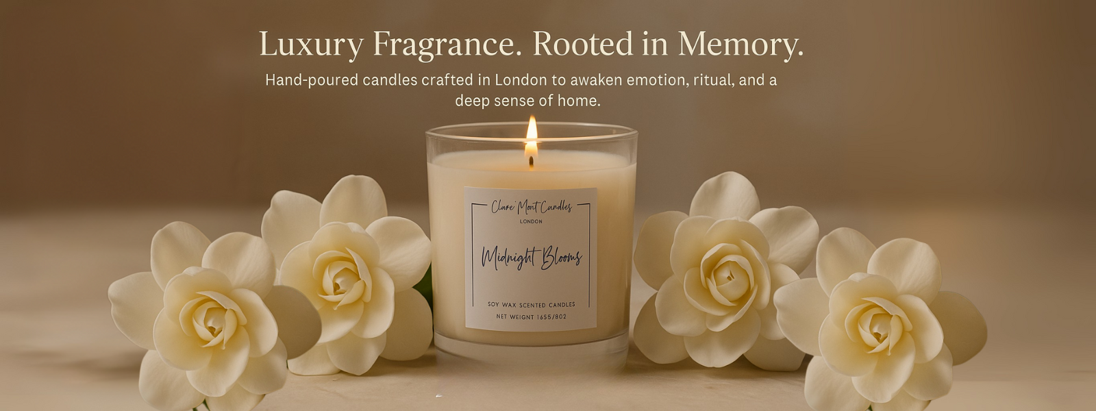 Candle with a label surrounded by white flowers on a beige background