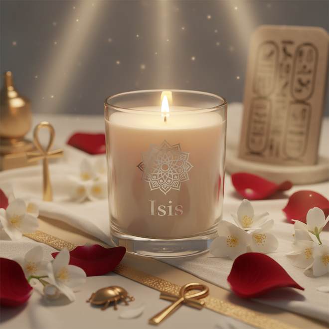 Candle labeled 'Isis' with decorative elements on a table