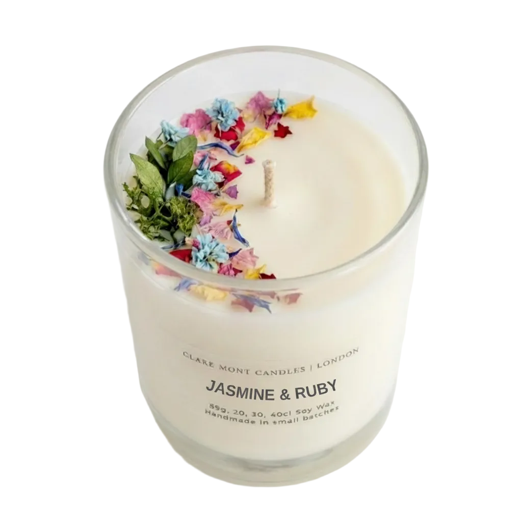 Jasmine & Ruby hand poured Clare' Mont Candle with floral elements in a glass jar on a white background