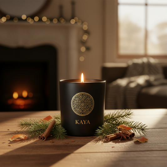 Kaya hero image with cinammon, pine needles and orange peel with an open fire, window and festive garland in the background.