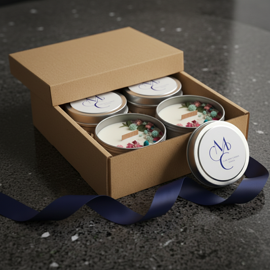 Box of small candles with visible brand logo on a dark surface