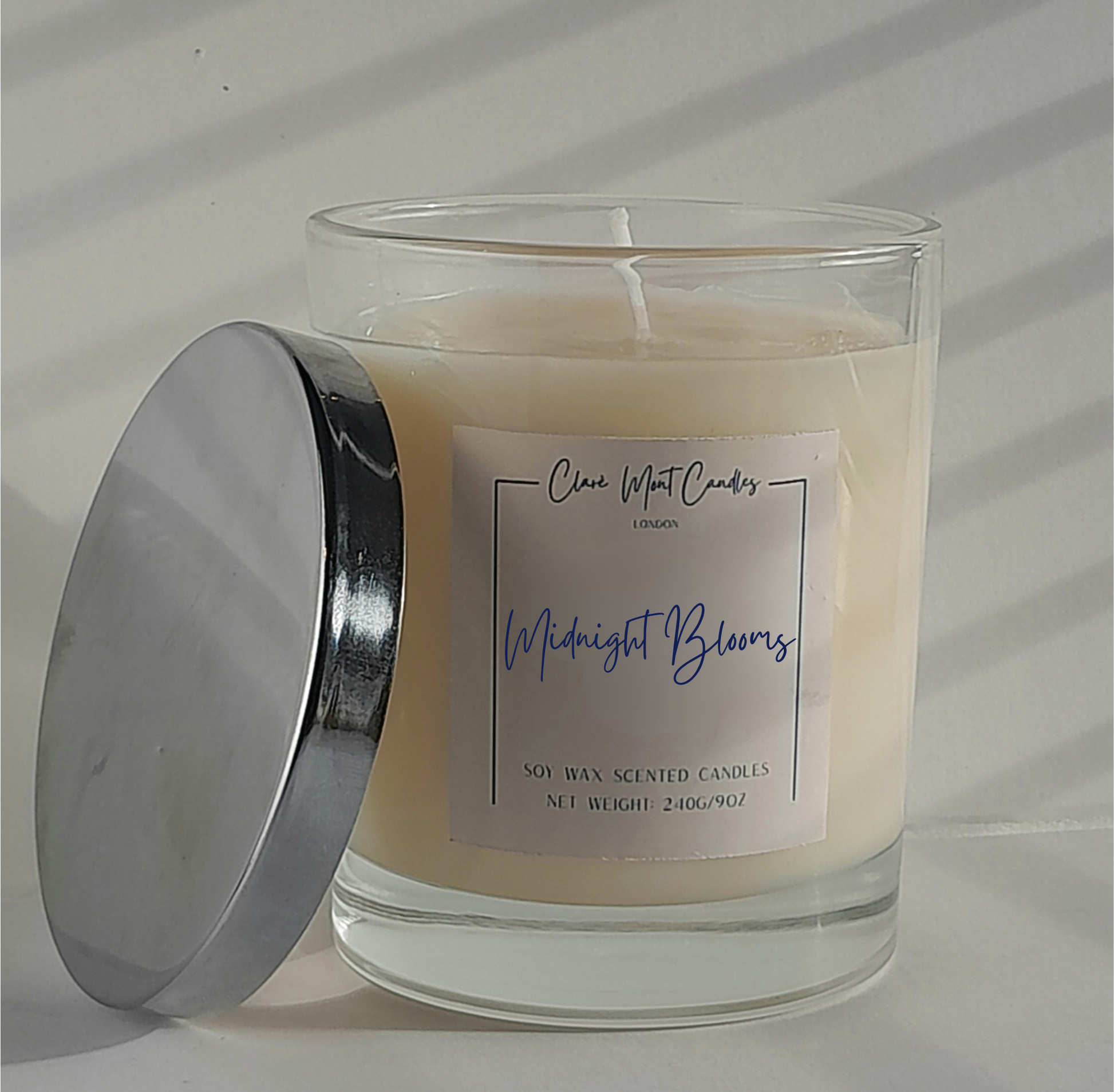 Clare` Mont Midnight Blooms signature gardenia soy candle with silver lid - luxury floral scented candle London