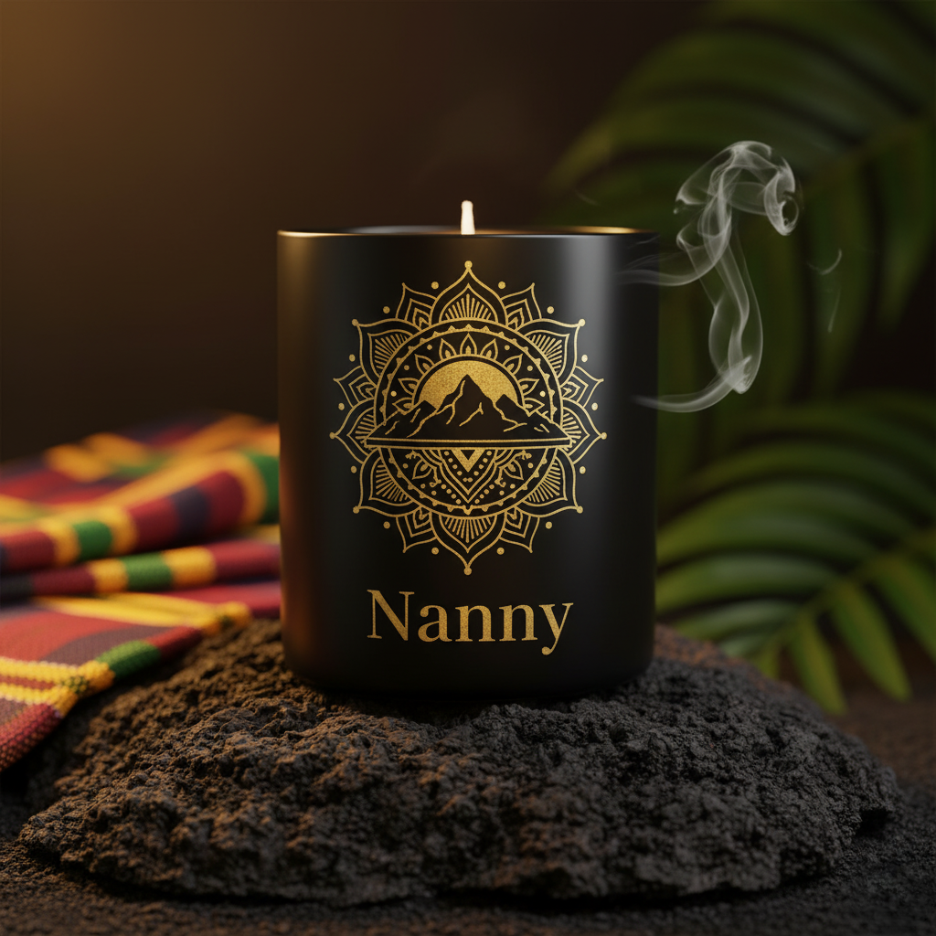 Black candle with 'Nanny' engraving and mountain design, emitting smoke on a dark background.
