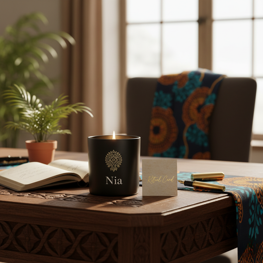 Candle labeled 'Nia' on a table with books and a plant in a home setting