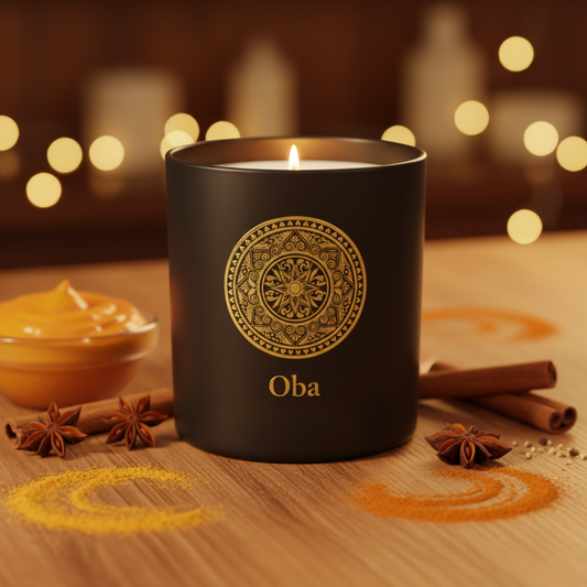 Black candle with gold design and 'Oba' branding on a wooden surface with spices and blurred lights in the background.