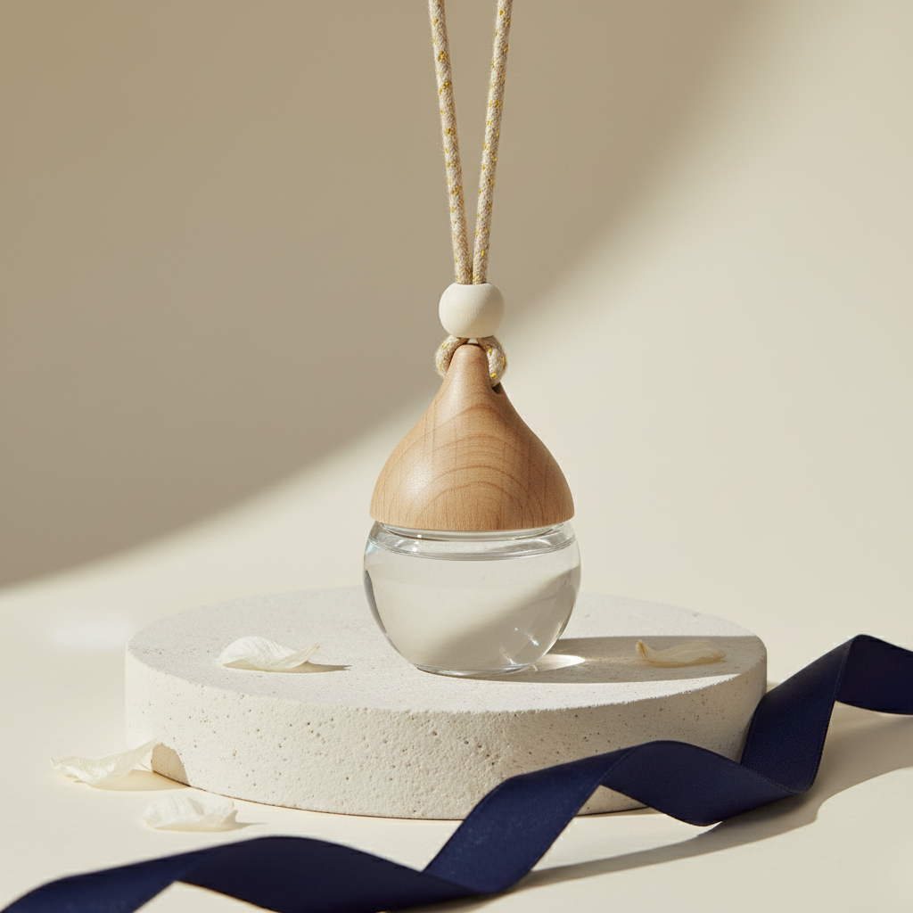 Wooden diffuser with clear liquid on a beige platform with a blue ribbon