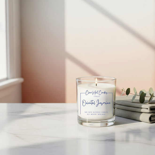 Oriental Jasmine candle sitting on a counter with the sun streaming through the blinds