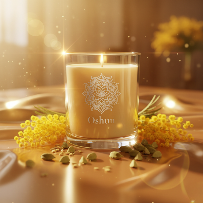 Candle with 'Oshun' branding on a wooden surface with yellow flowers and green leaves.