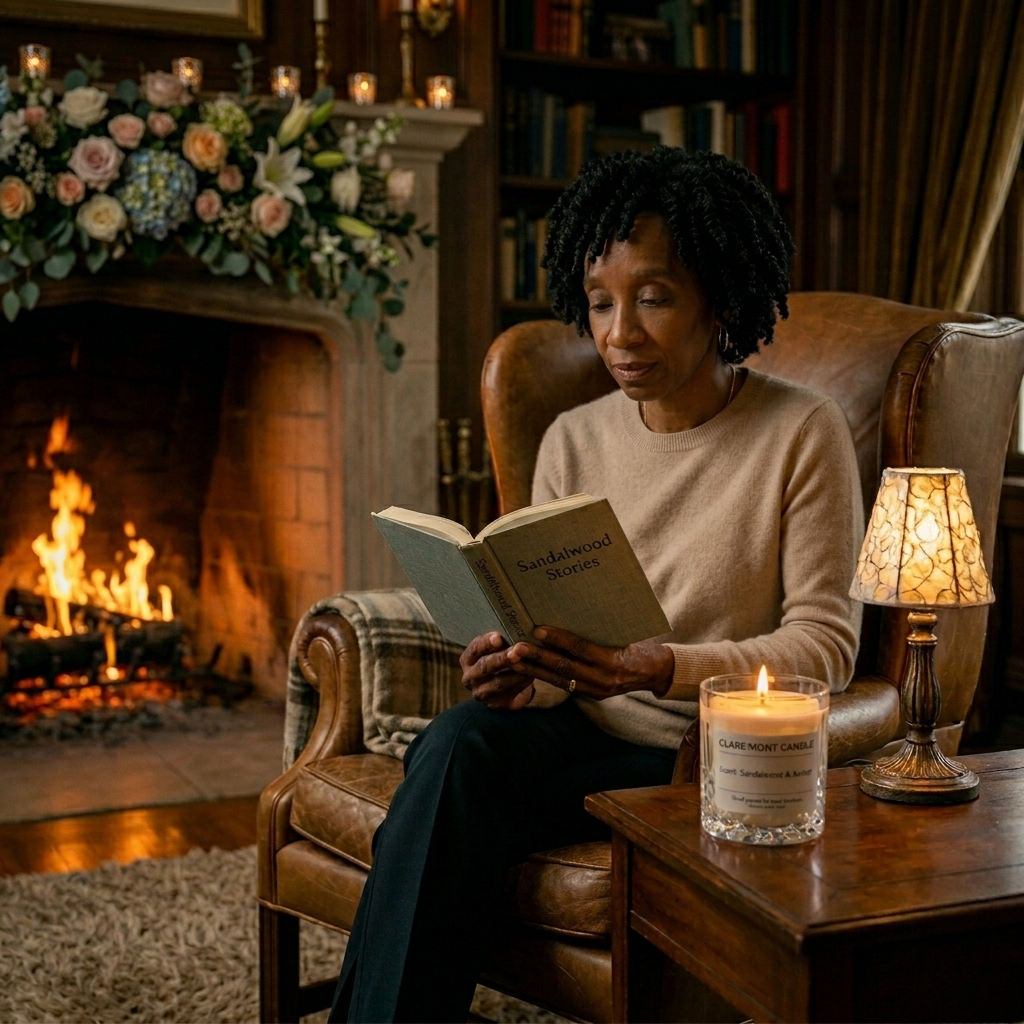 Coral sitting in a leather armchair reading a book. There is a  fireplace and a lit Clare`Mont Candle on a side table