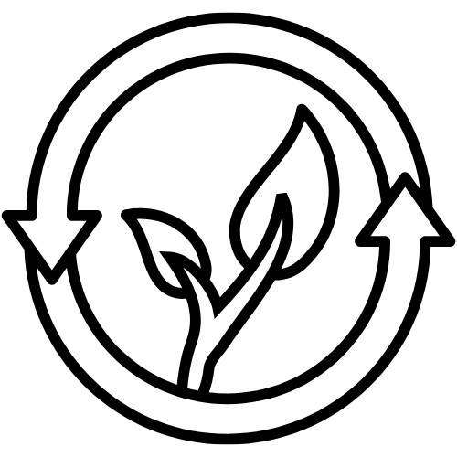 Circular icon with a leaf and arrows, symbolizing recycling or environmental sustainability.