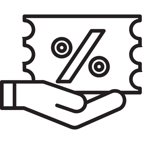 Black line drawing of a hand holding a coupon with a percentage symbol