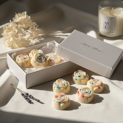 Decorative roses with colourful sprinkles on a white surface with a box and candle in the background.