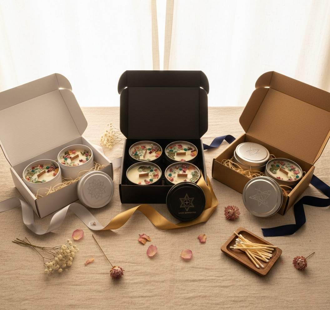 Decorative candles in various packaging on a wooden surface with flowers and ribbons.