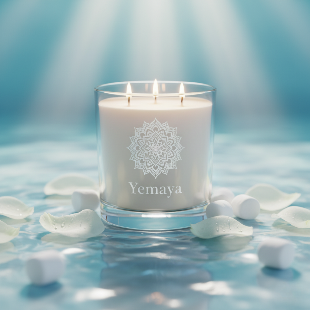 White candle with 'Yemaya' branding on a blue background with petals