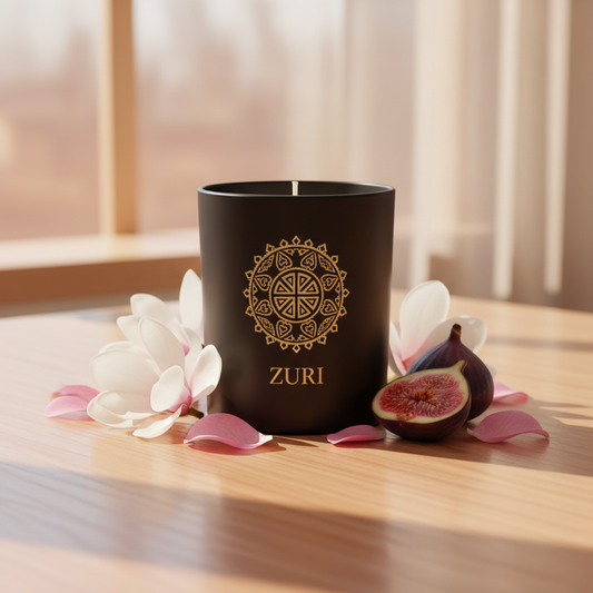 Black ZURI candle on a wooden surface with flowers and figs