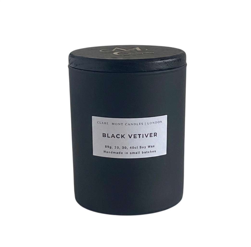Clare' Mont Candles Black Vetiver  hand-poured soy candle East London