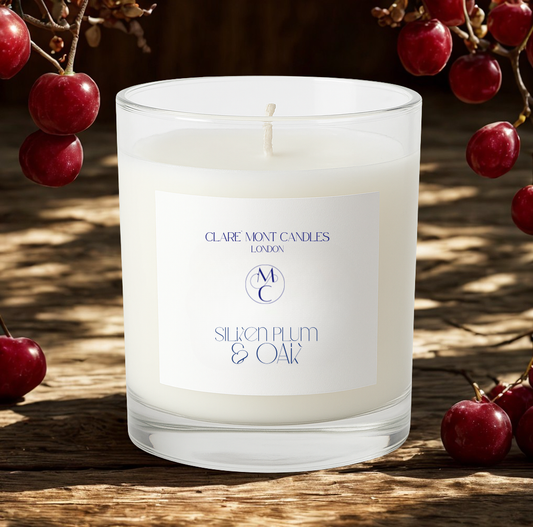 White candle with a label in front of red berries on a wooden surface