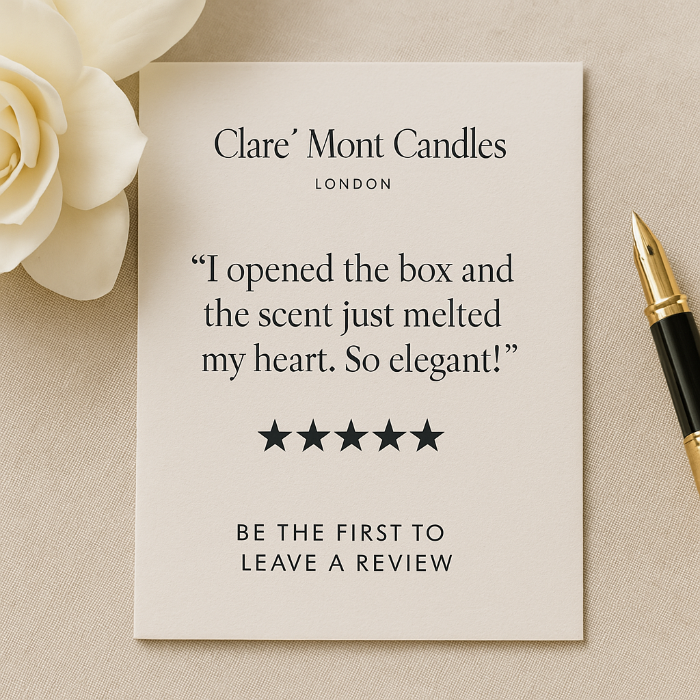 Clare Mont Candles review card with a five-star rating on a beige background.
