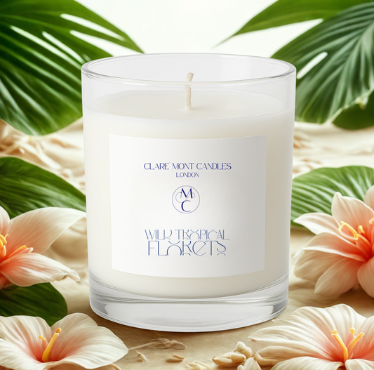 Candle with a label on a background of flowers and leaves